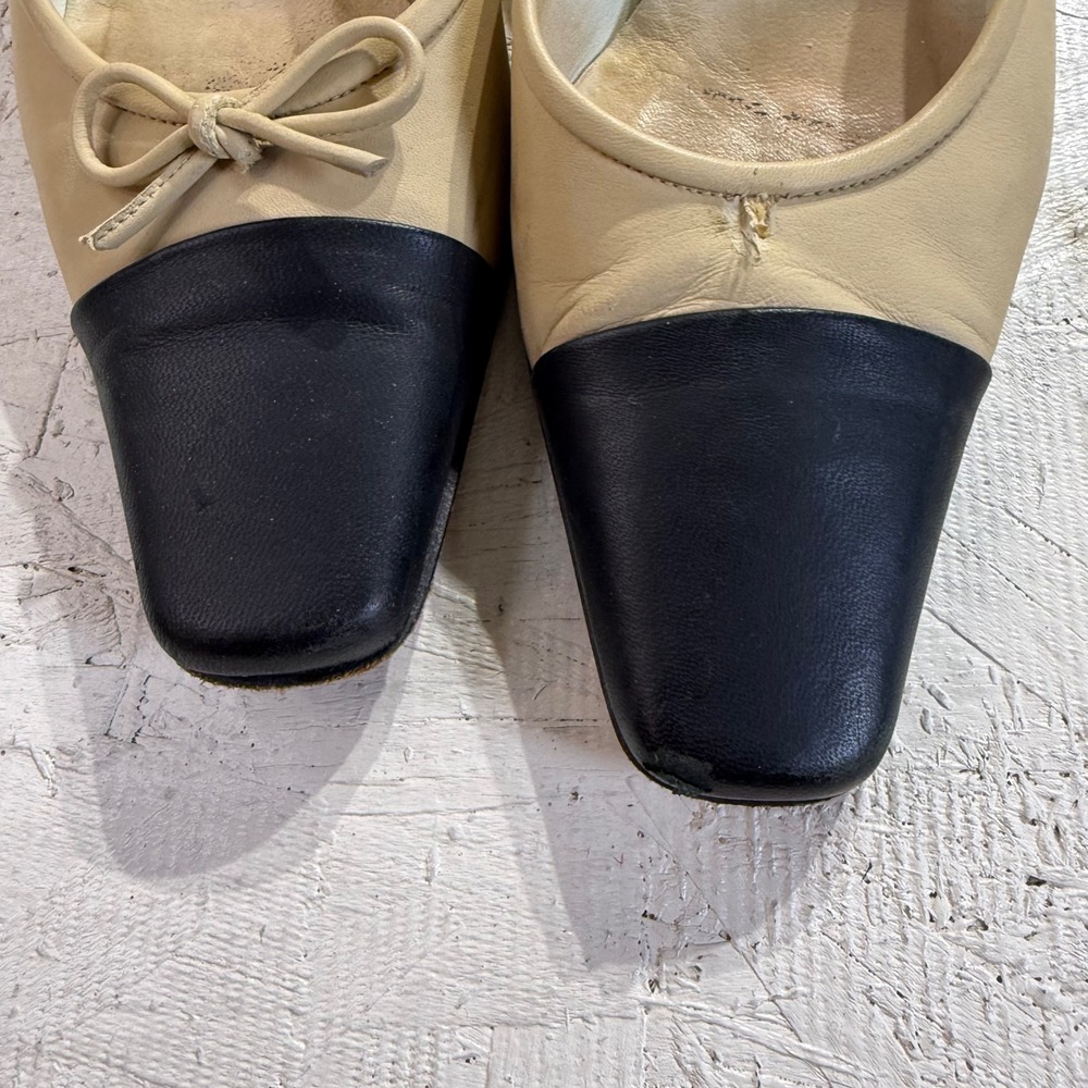 Vintage Delman Leather Mule Heels 6.5M Beige Black Square Toe Bow READ - Picture 3 of 10